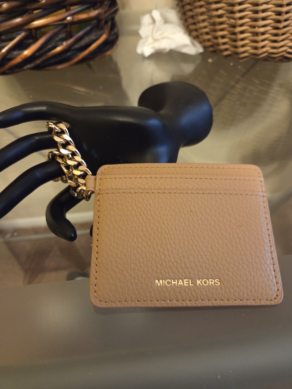 Michael Kors Beige/Tan Leather Card Case Wristlet with Gold Chain BRAND NEW